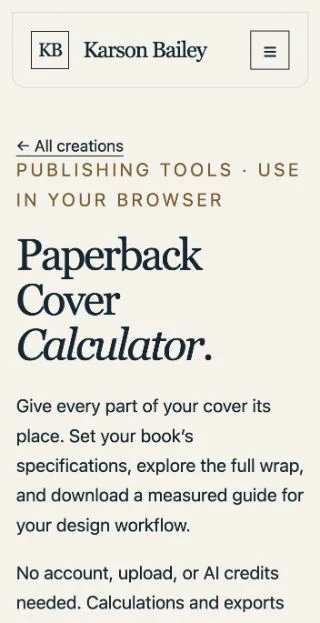Paperback Cover Calculator interface with cover dimensions and diagram
